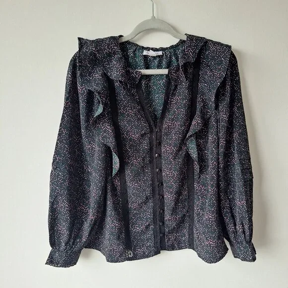 TOPSHOP Lace Inset Floral Ruffle Top - Black - Picture 2 of 9